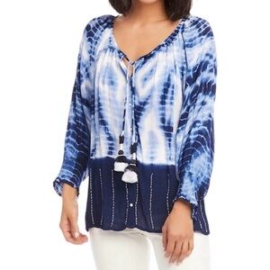 Karen Kane 3X Tie Dye Peasant Top Button Up Tassel Bright Beachy Boho NWT